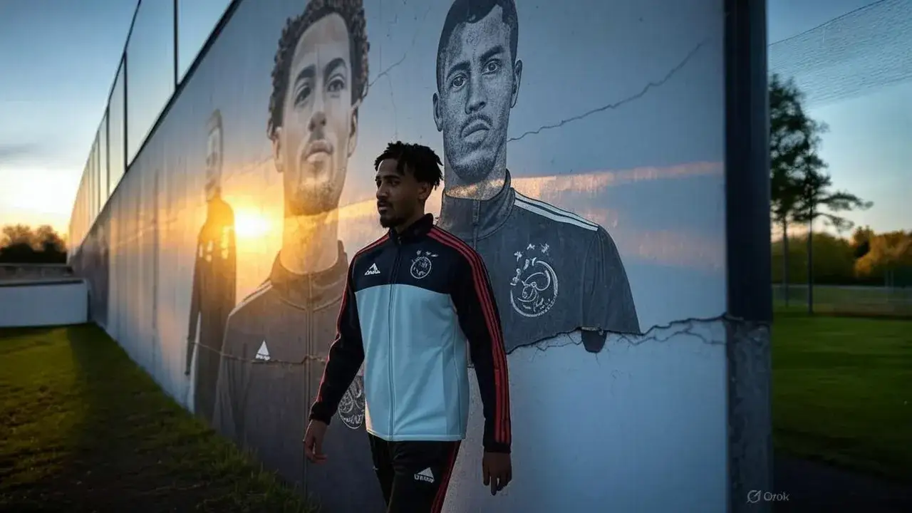 Ajax legacy looms over Jorrel Hato exit A visually symbolic scene of Jorrel Hato navigating Ajax history on the eve of a Premier League move.