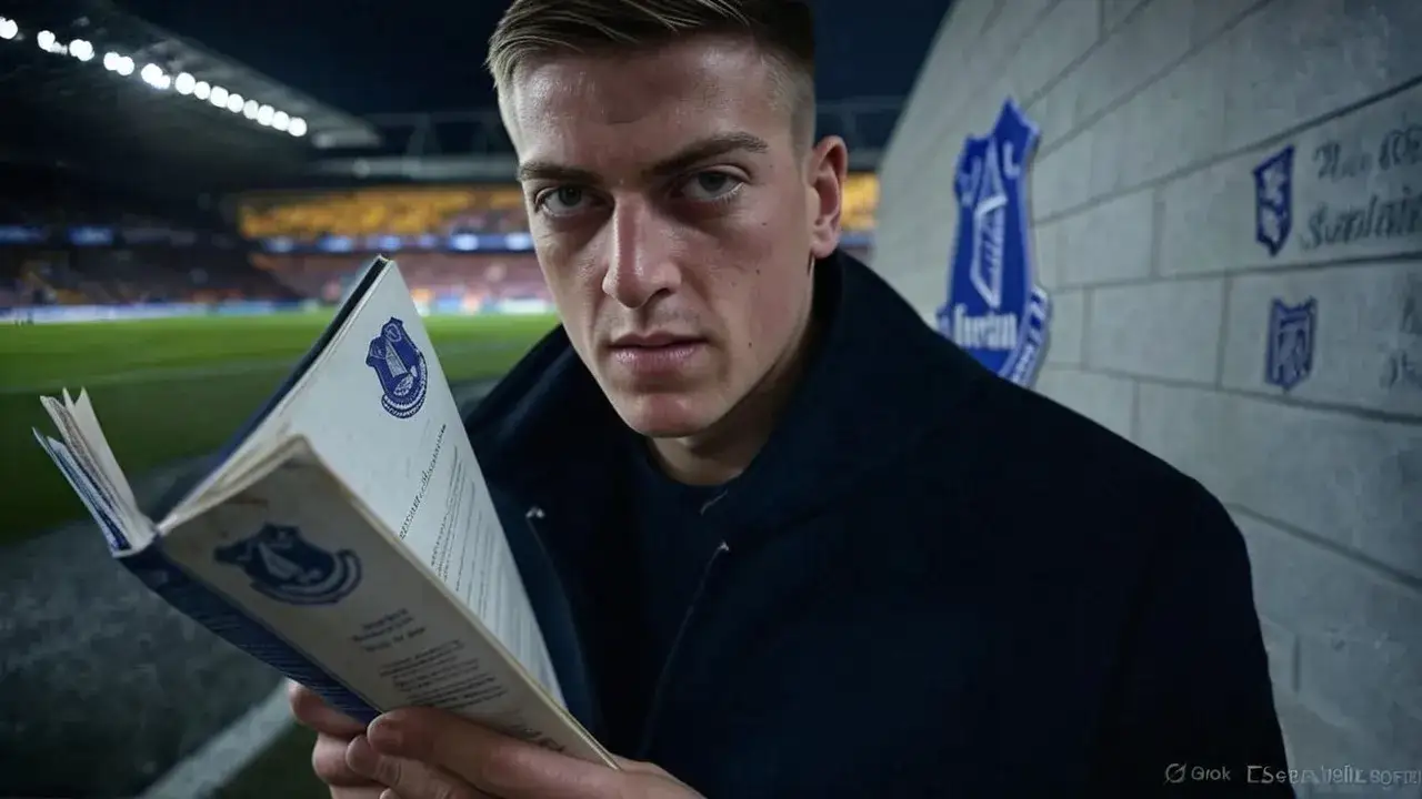 Liam Delap torn between Premier League offers A symbolic split in career choices visualised through opposing stadium paths and a worn Everton programme.