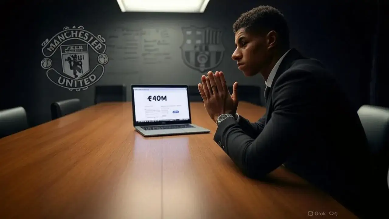 Rashford framed by figures and fading crests A €40M valuation on-screen reduces form to fee, even as erased club logos linger behind.