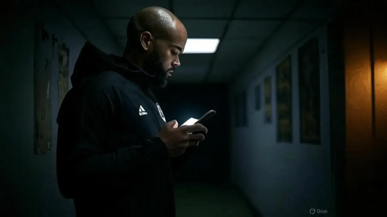 Mbeumo considers £60m move in Brentford shadow A glowing phone screen in a dark corridor captures the quiet tension before a high-stakes transfer decision.