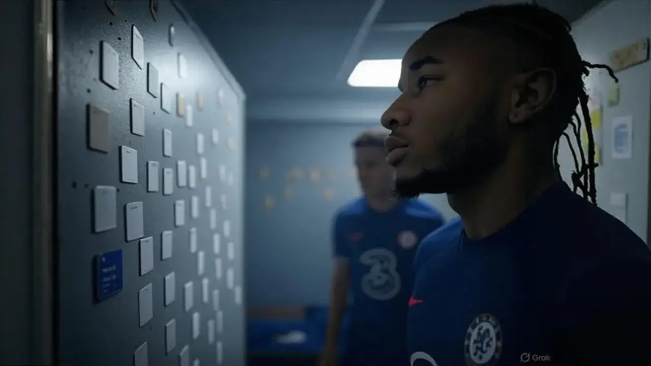 Tactical Misfit: Nkunku Frozen Between Roles A blank tactical board beside him, Nkunku embodies the quiet exile of talent misread and systemically sidelined.
