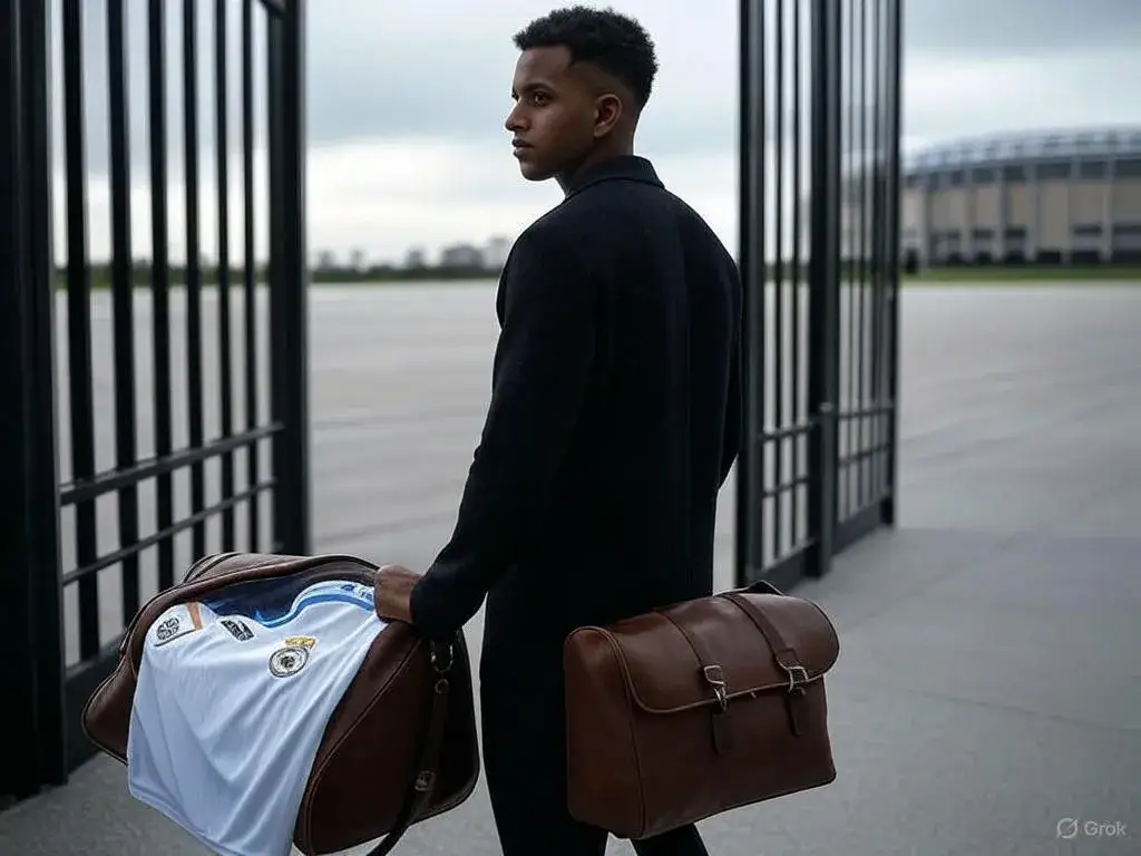 Rodrygo pauses near Madrid exit gate A duffel bag left ajar beneath overcast skies captures the moment between loyalty and looming departure.