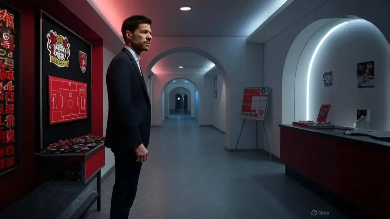 Xabi Alonso at the Crossroads of Power A dislodged tactics board captures the pause between loyalty and legacy as Alonso weighs his future.