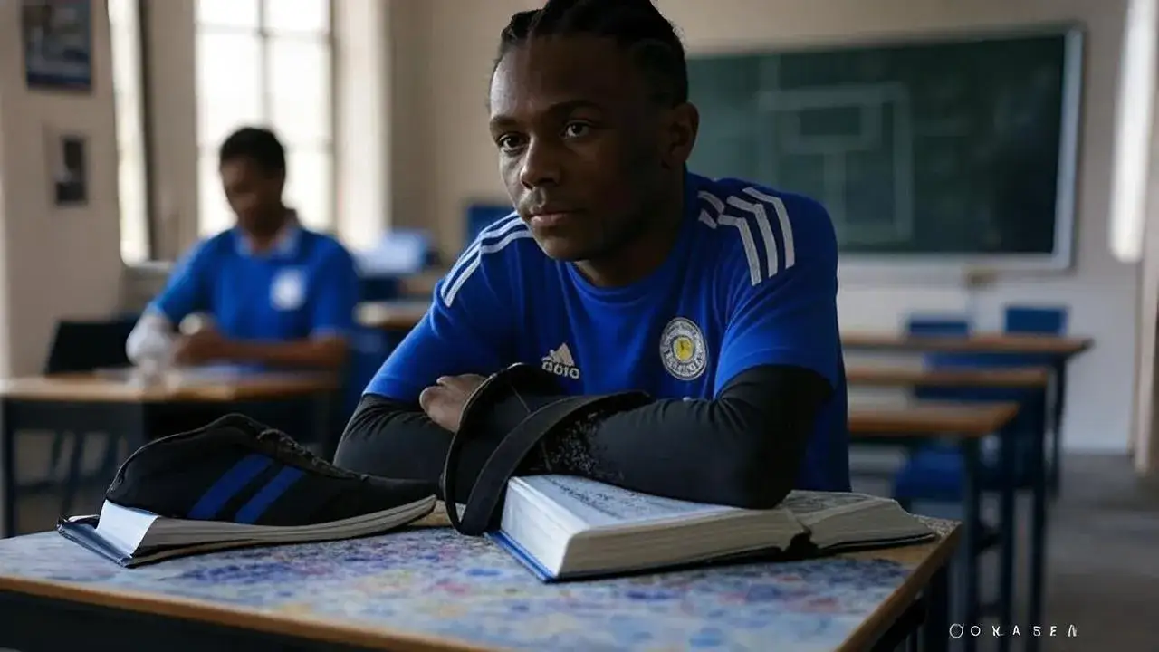 Between Classwork and Premier League Dreams A half-erased equation echoes the fragile balance between early football success and unfinished teenage life.