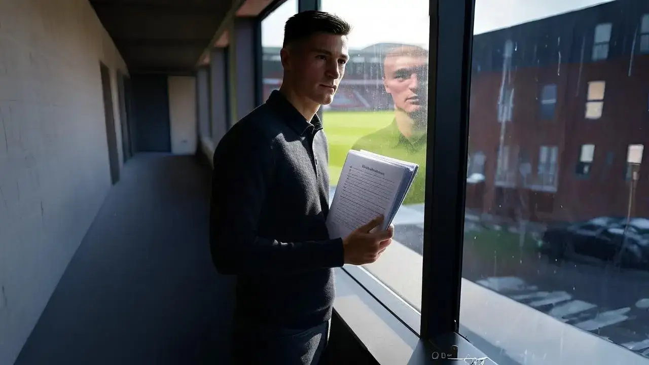 Šeško watches the Emirates from the corridor A creased contract folder and mirrored figure evoke the weight of decision Arsenal places on its new No.9.