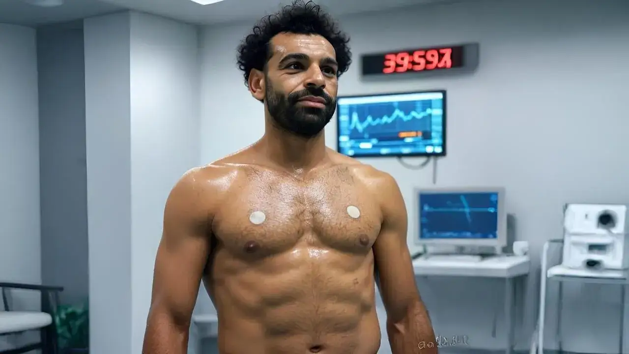 Salah eyes 40 with numbers behind him A digital threshold glows behind a body that refuses decline — discipline now defines age.