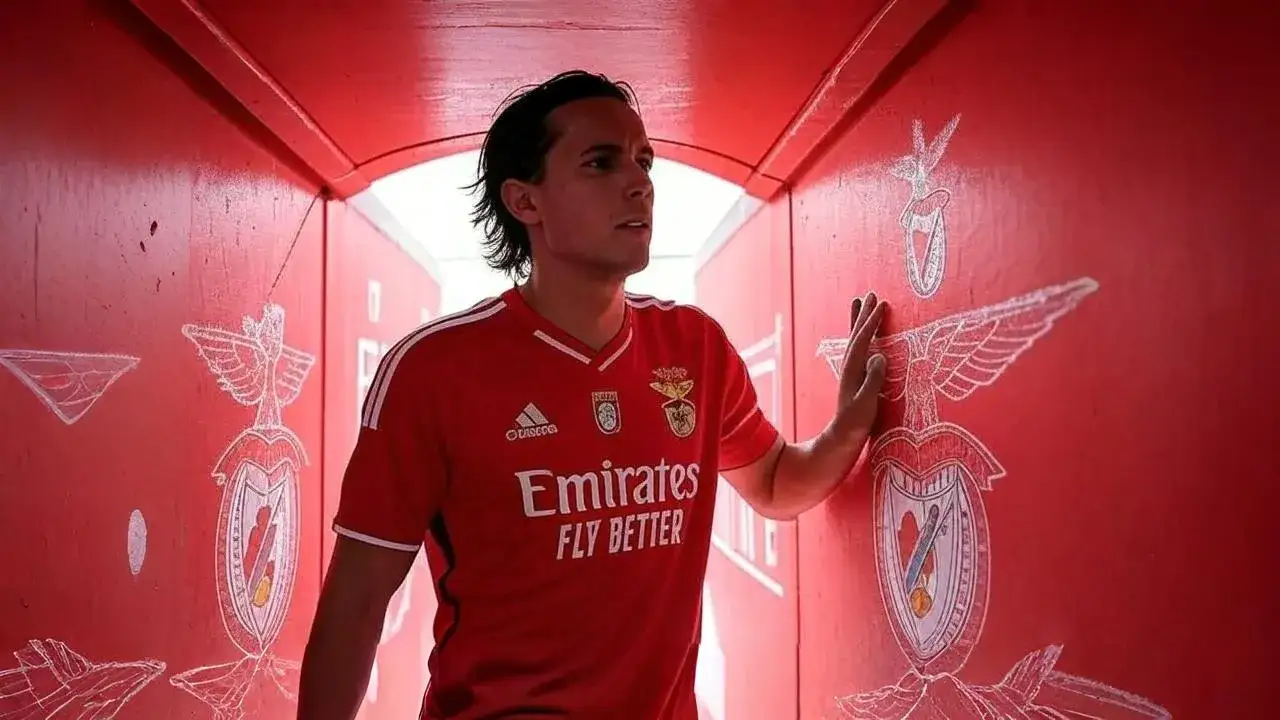 Álvaro Carreras prepares to leave Benfica Tunnel shadows and a fading kit number frame Carreras as he steps beyond Lisbon toward his final breakthrough.