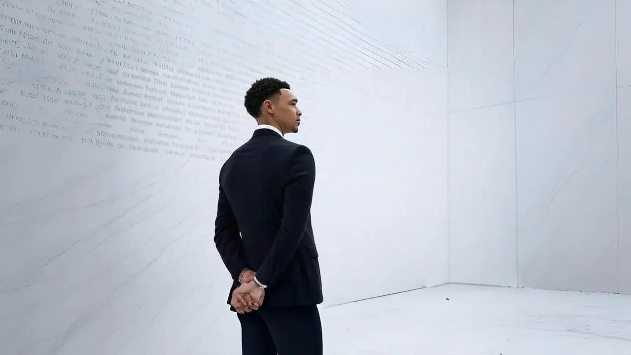 Trent stands before Madrid’s immortal wall A paused watch and a wall of trophies freeze Trent’s moment of reckoning in Real’s temple of legacy.