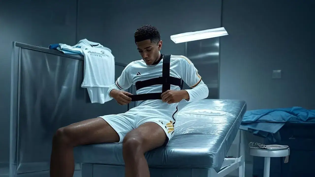 Jude Bellingham removes shoulder brace alone A hovering brace strap captures the exact second Bellingham chooses healing over endurance.