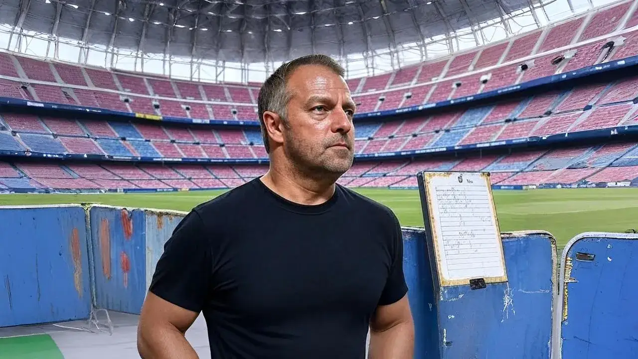 Flick returns to Camp Nou's unfinished throne A lone tactical board mirrors the unfinished stadium — leadership returns before the structure is whole.