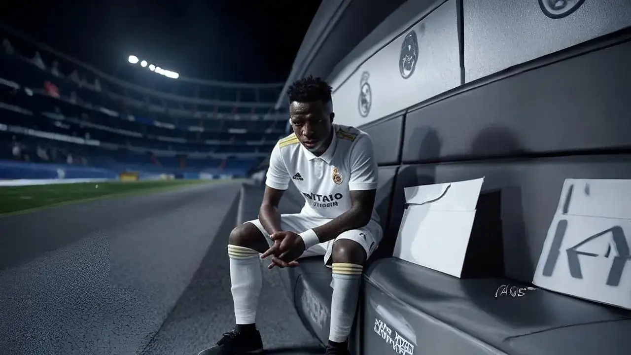 Vinicius Junior Contract Tension Visualised A torn envelope beside an empty bench captures the silent fracture between loyalty and leadership.