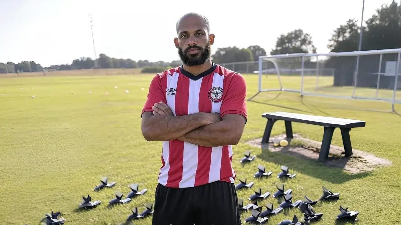 Brentford forward caught between plans and ambitio A folded tactics board behind Mbeumo captures the quiet tension of a player waiting for his next chapter.