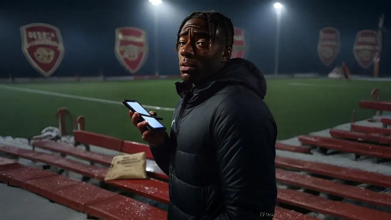 Madueke caught in transfer fog A wet contract and twin crests echo the silent tension of crossing London lines.