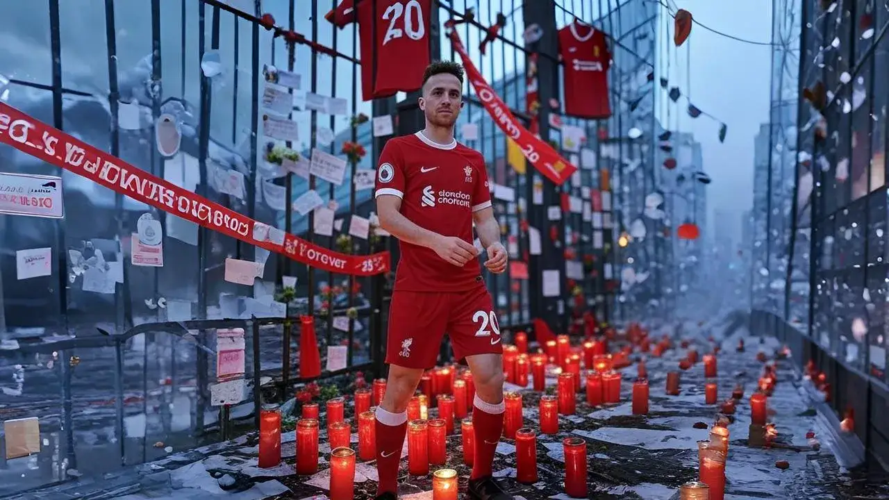 “Forever 20”: Candlelight Tribute at Anfield A frayed scarf tied to Anfield’s railing becomes a silent emblem of loss, love, and remembrance.