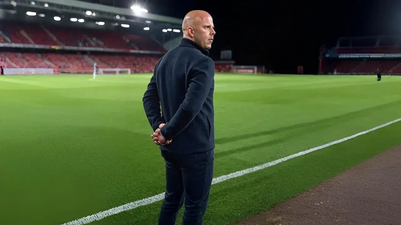 Slot weighs record move in silence A smudged tactics board beside Slot becomes a metaphor for control fading into uncertainty.