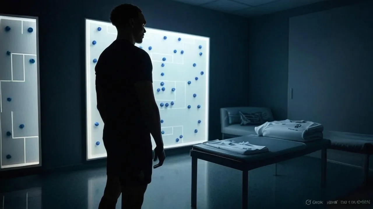 The unclaimed jersey and tactical glow frame Trent as a piece not yet moved — a silent symbol of Madrid’s future.