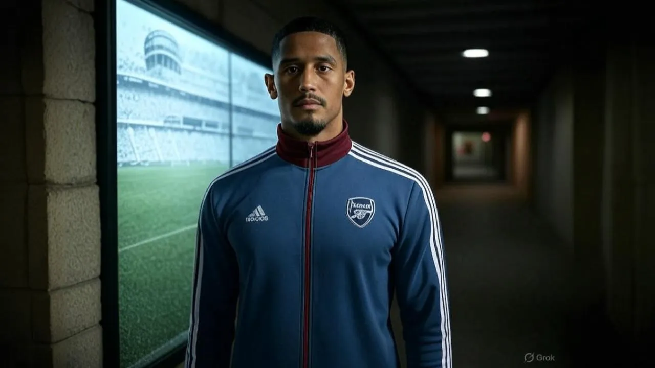 A fading Arsenal crest echoes the quiet pull of legacy as Saliba walks Madrid’s reflective threshold.