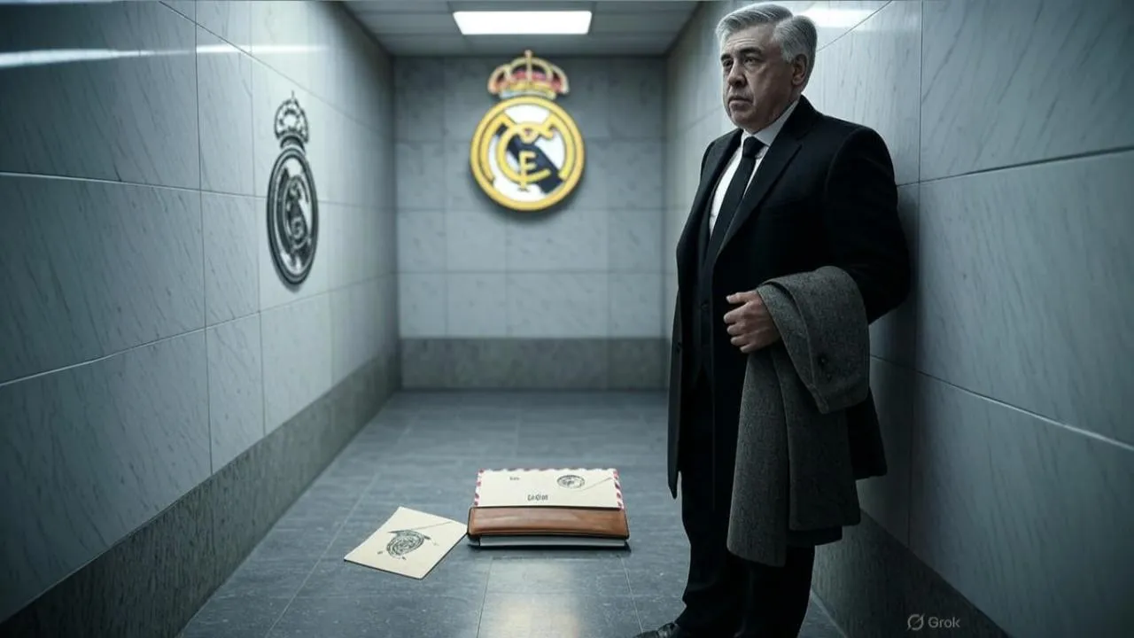 A sealed envelope beside Ancelotti’s coat echoes the quiet finality of power shifting from Madrid to Rio.