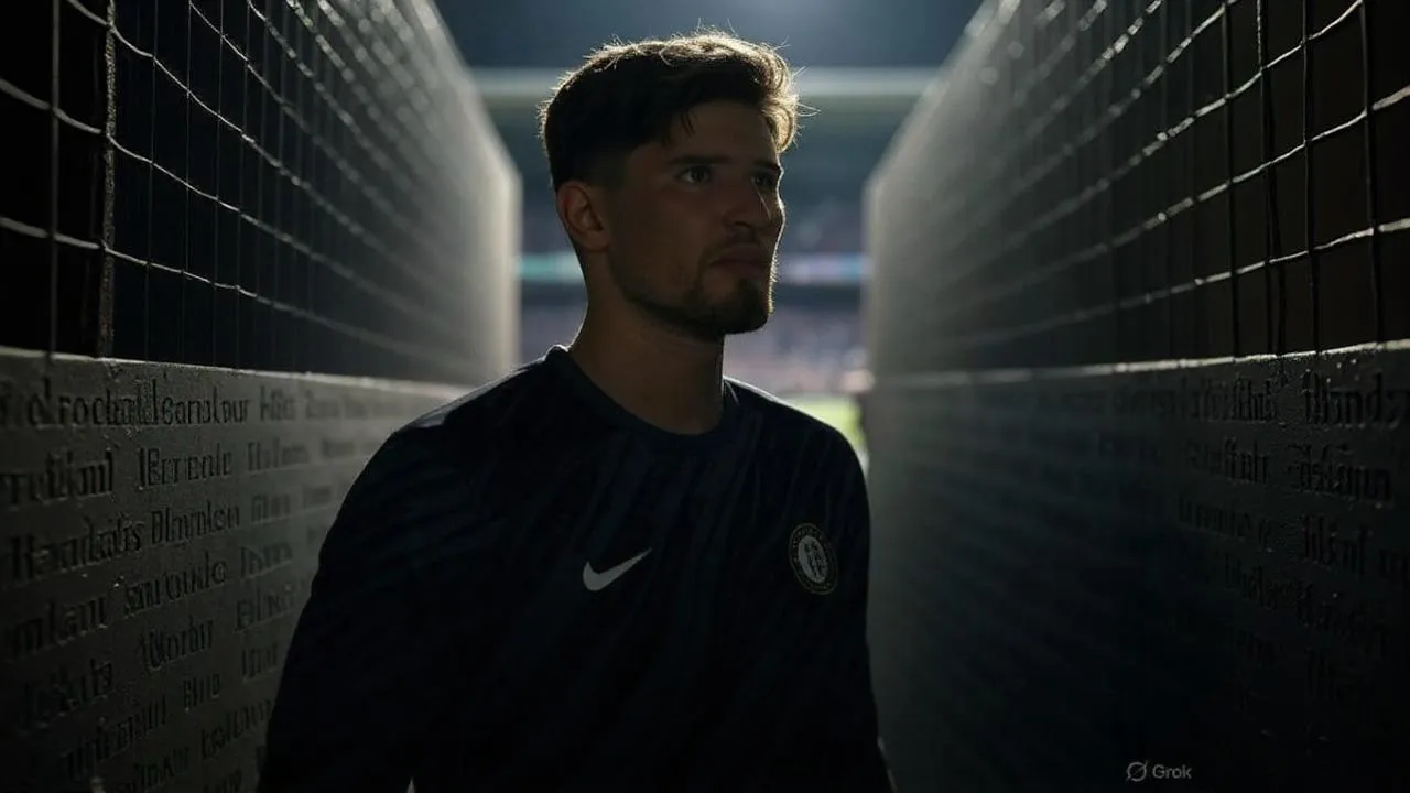 A goalkeeper’s shadow merges with faded names — symbolizing Chelsea’s restless pursuit of permanence in goal.