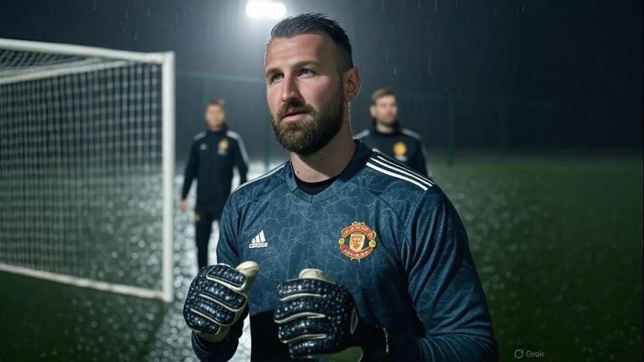 A folded towel behind the goal quietly embodies Manchester United’s search for calm after chaos.