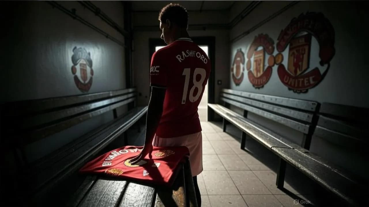 A folded jersey on a bench becomes a quiet symbol of Rashford’s looming departure from Old Trafford.