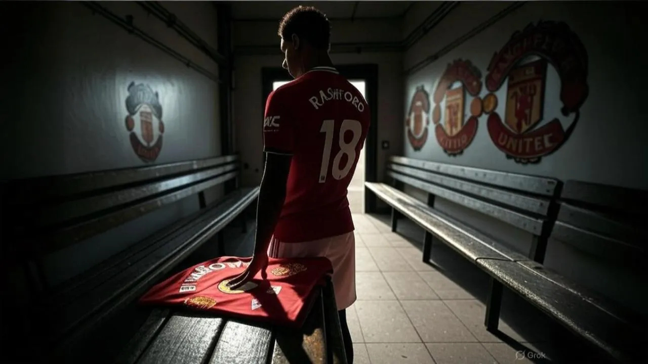 A folded jersey on a bench becomes a quiet symbol of Rashford’s looming departure from Old Trafford.