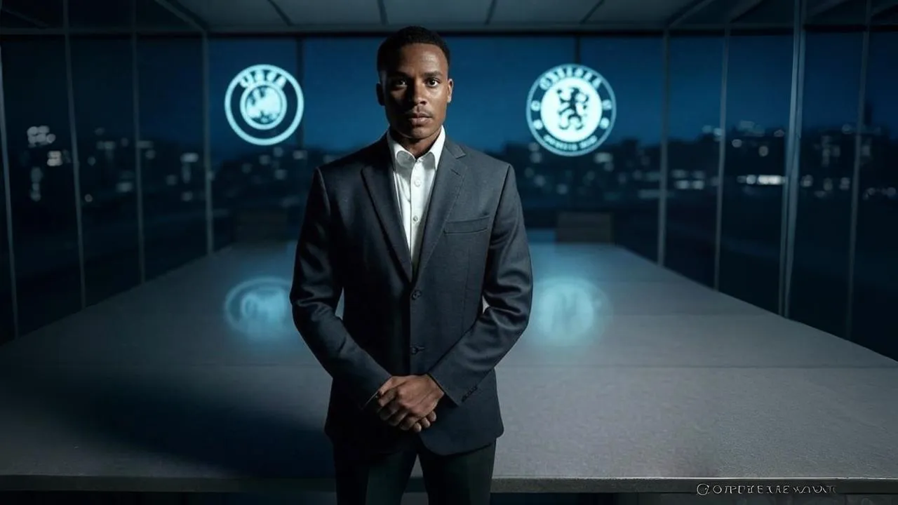 A flickering UEFA emblem between rival crests echoes the regulatory fault line beneath the BlueCo empire.