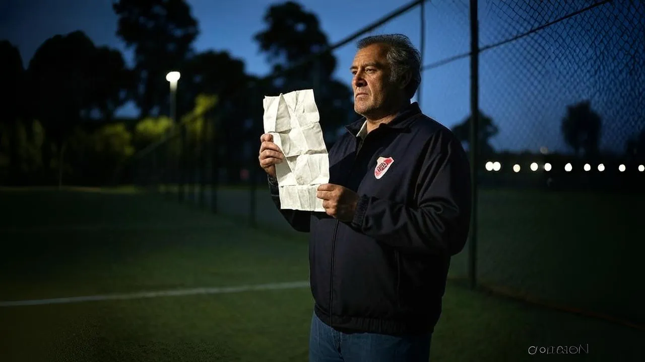  A folded dossier in his pocket, floodlights in the distance — early brilliance under a continental gaze.