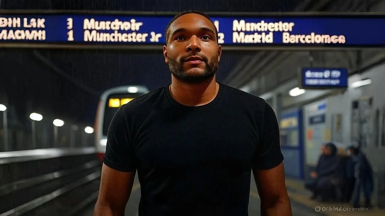  Four flashing destinations surround him, but the weight of clarity lies in choosing the right track.