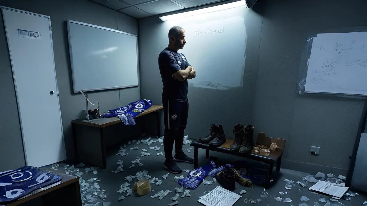 A smudged whiteboard behind Maresca embodies Chelsea’s unfinished project and their decision to resist short-term judgment.