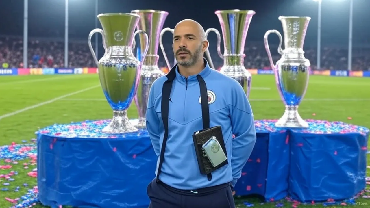 A quiet glance toward three lit trophies immortalizes Chelsea’s unprecedented UEFA treble.