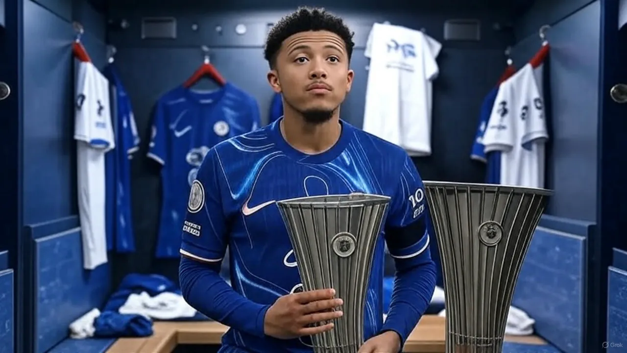 A crumpled contract beside the gleaming trophy symbolizes Sancho’s uncertain future amid Chelsea’s celebratory tension.