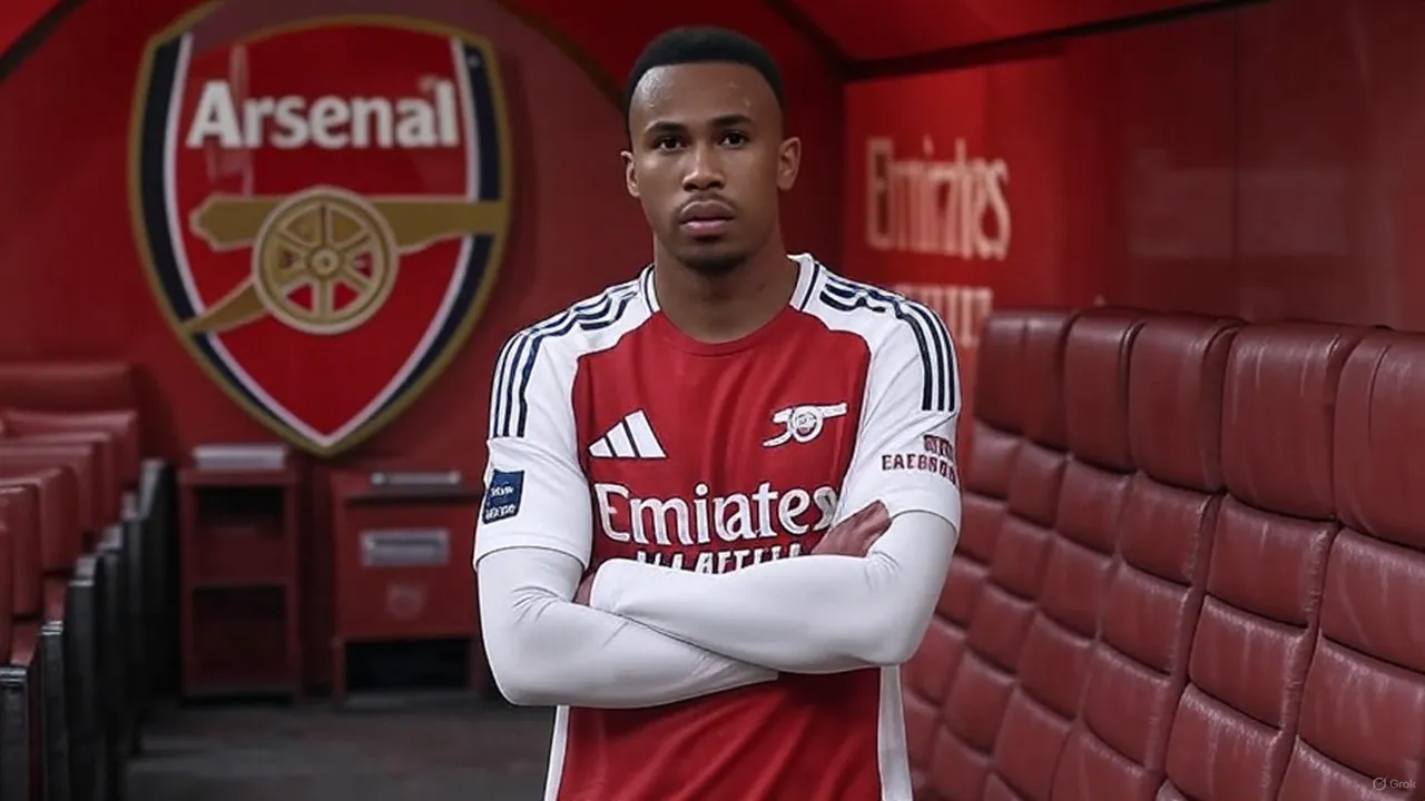 A red-lit contract resting behind Gabriel symbolizes Arsenal’s strategic stillness amid European turbulence.