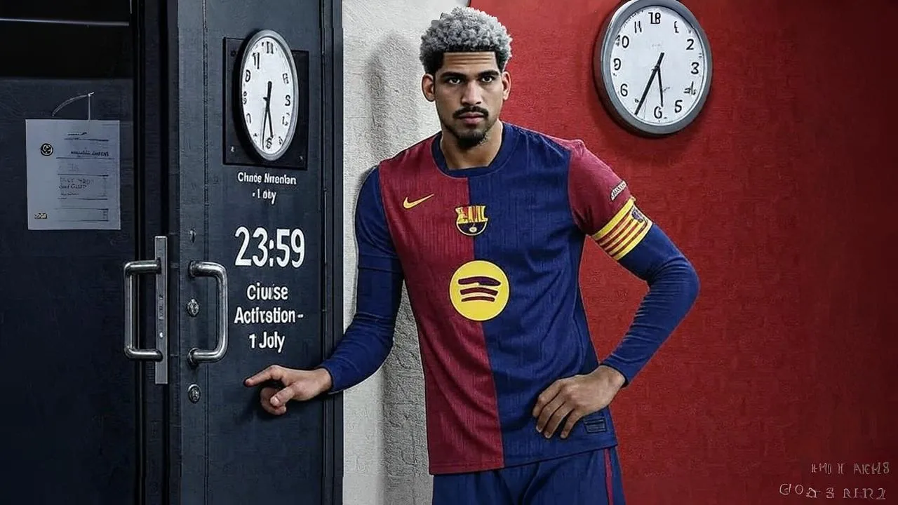 A hallway clock at 23:59 mirrors Barcelona’s final chance to secure Araújo before control slips away.