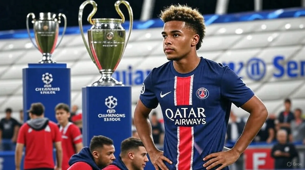 Under Munich lights, an untouched trophy stands behind a teenager who just rewrote his future.