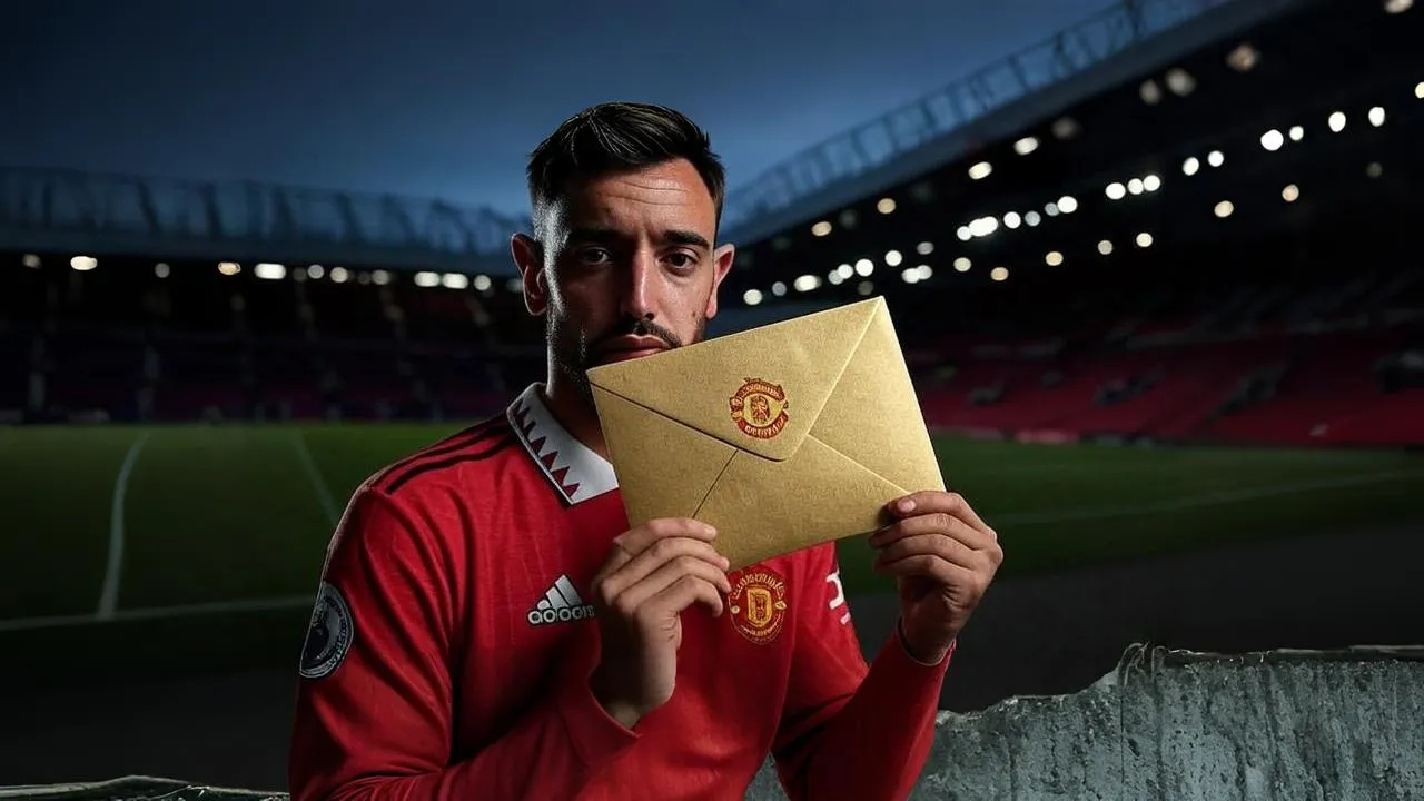 A sealed golden envelope in his grip symbolizes Fernandes’s silent refusal to abandon European ambition.