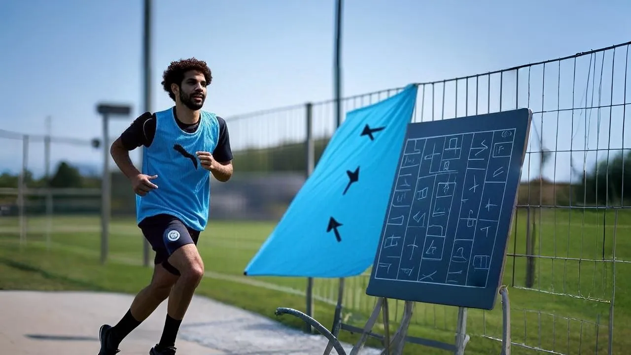 A loose training bib in hand captures Aït-Nouri’s role as both a solution and a symbol of Guardiola’s evolving tactical blueprint.