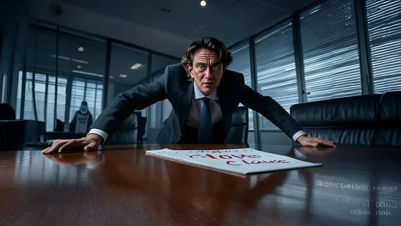 A smudged £10m clause beneath Frank’s hand captures the uneasy trade-off between ambition and stability.