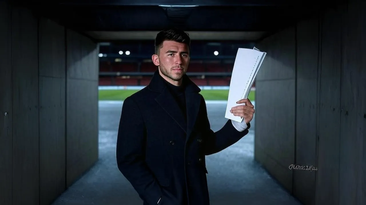 A worn tactical sheet in Laporte’s grip symbolizes Arsenal’s urgent call for leadership amid instability.