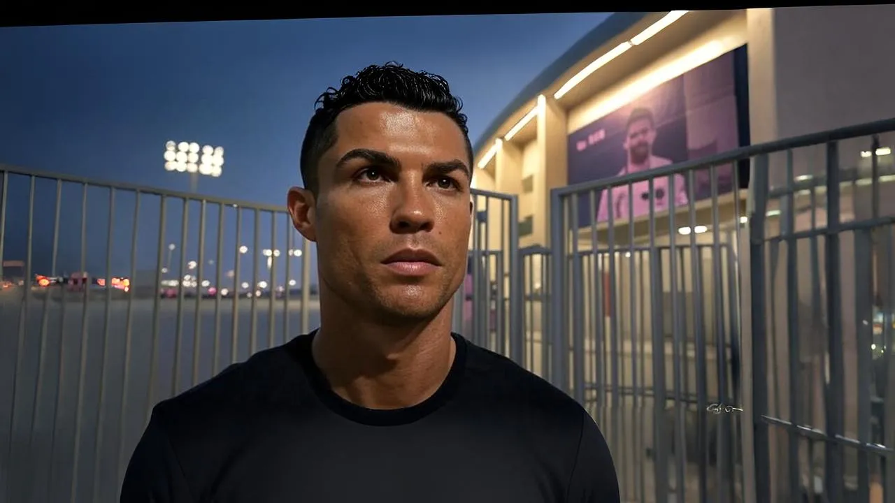 A billboard’s defiant slogan casts Ronaldo outside the lights — presence unmatched, yet philosophy draws the line.