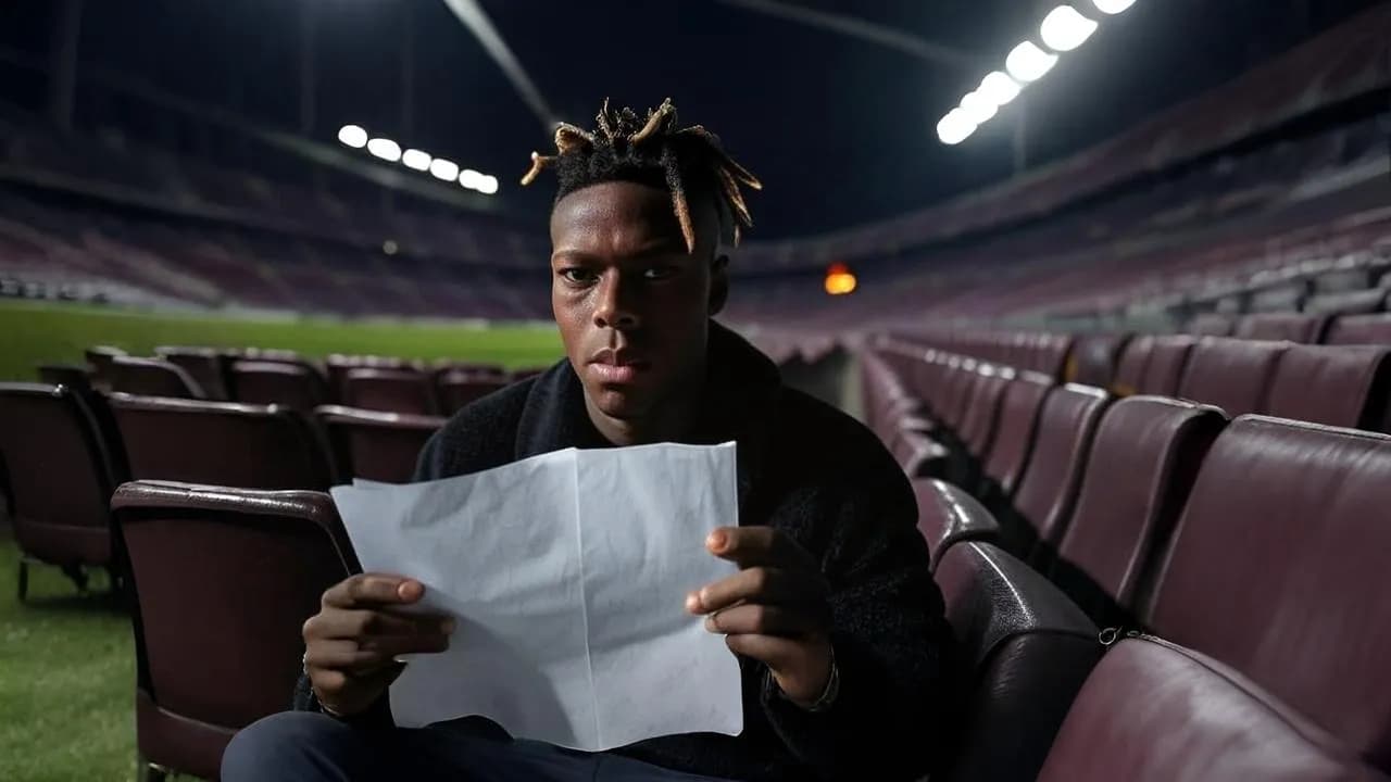 A crumpled contract in hand becomes the visual tension between intent and delay, mirroring Barcelona’s financial hesitation.