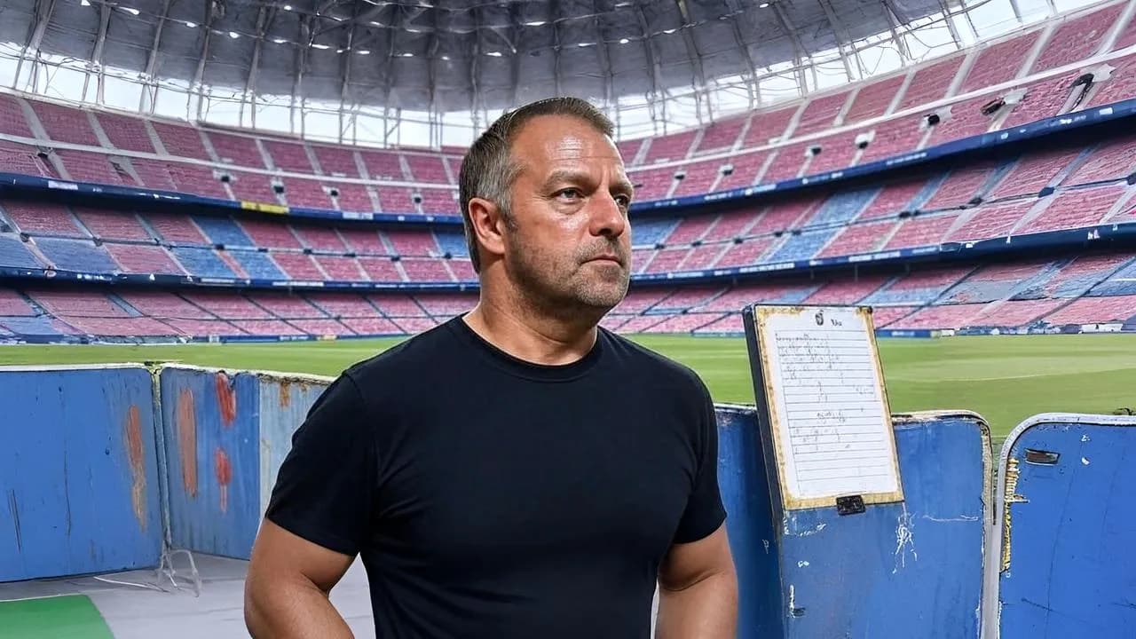 A lone tactical board mirrors the unfinished stadium — leadership returns before the structure is whole.