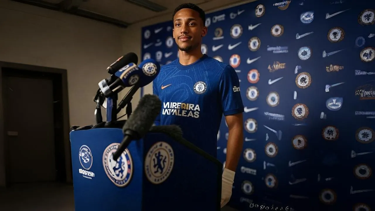 A floodlit Chelsea crest pierced by tunnel shadows mirrors João Pedro’s silent entry into a new identity.