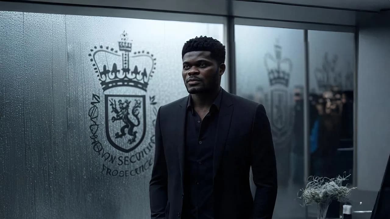 A creased summons in hand, Partey waits between closed doors and an opened case.