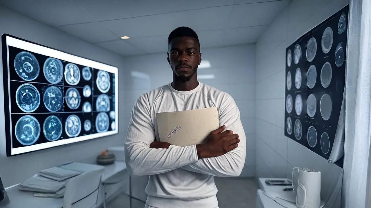 A creased medical folder in his grip reveals a deeper fracture — between trust and institutional silence.