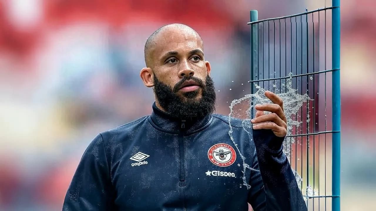 A spilled water bottle at Mbeumo’s feet captures the slow leak of certainty in a stalled transfer saga.