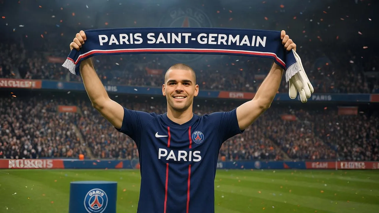 Photorealistic image of Lucas Chevalier holding a PSG scarf aloft at Parc des Princes. AI-generated. Editorial use only.